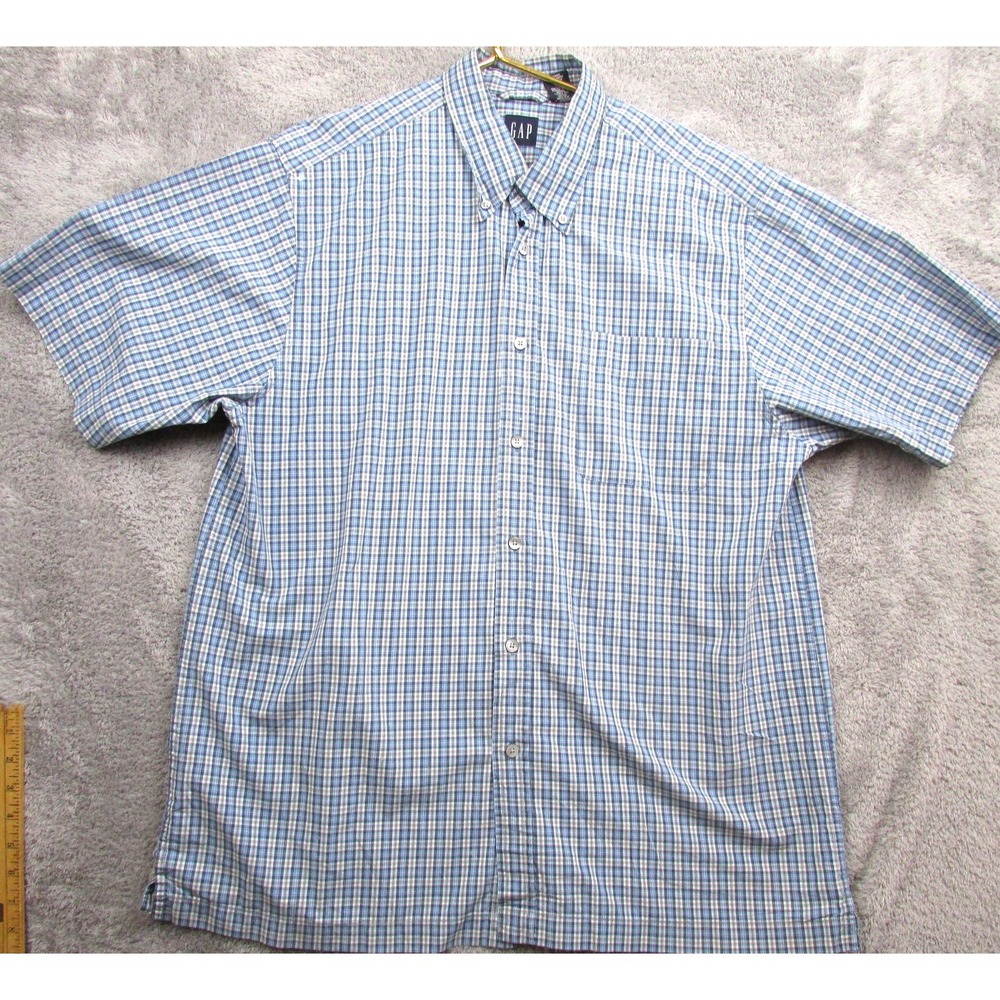 Gap Shirt Mens Large Blue Plaid Short Sleeve Button Down Cotton Casual
